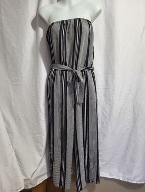 Eclipse Black & White Strapless Striped Jumpsuit with Waist Tie, Size XS